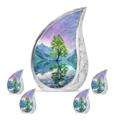 Aurora Borealis Green Tree Large Cremation Urns for Human Ashes Adult Mom - Funeral Urn for Human Ashes Adult Dad - Burial Decorative Ashes 1 Large 4 Keepsake