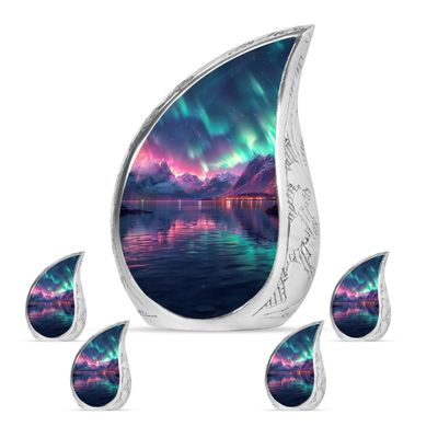 Aurora Borealis Lake Large Funeral Urns for Human Ashes Adult Mom - Mini Burial Decorative Urn for Human Ashes Adult Dad - Memorial Decorative Ashes 1 Large 4 Keepsake