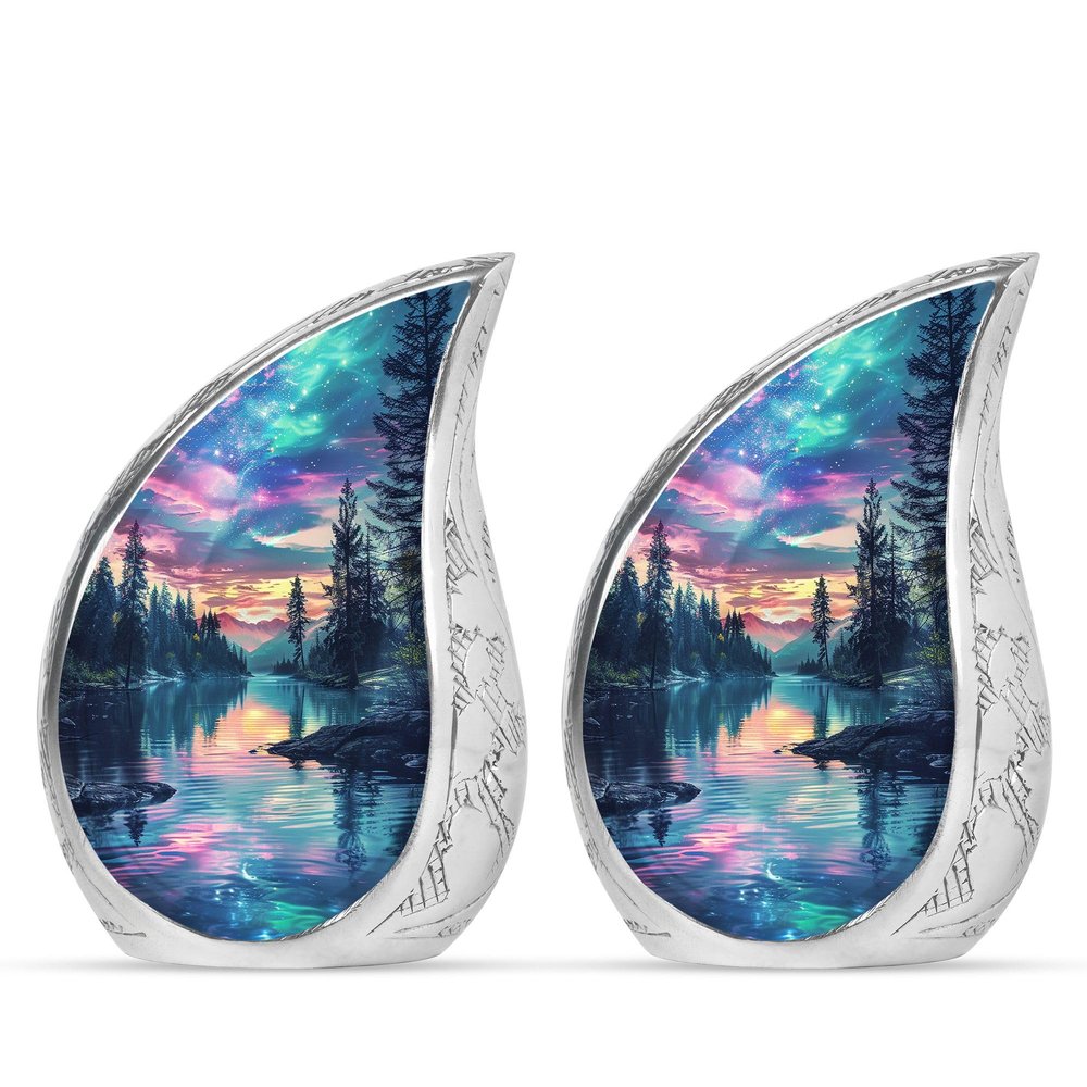 Aurora Borealis Forest Mini Funeral Urns for Adult Mom - Small Cremation Urn for Adult Dad - Burial Decorative Ashes 3 Inch 2 Pcs