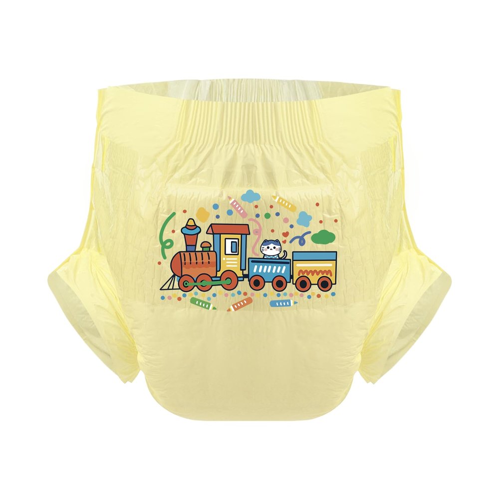 CutiePlusU Adult Diaper 3 Pieces, Adult Diapers Sample, Maximum Overnight Absorbency Yellow Kawaii Kitten in Train (Large 37"-47")
