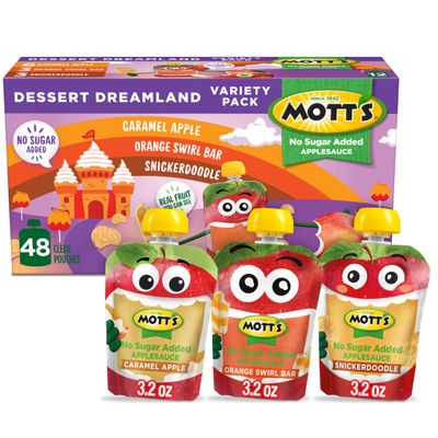 Motts No Sugar Added Dessert Dreamland Applesauce Variety Pack, 3.2 oz Clear Pouches, 48 Count (4 Packs Of 12)