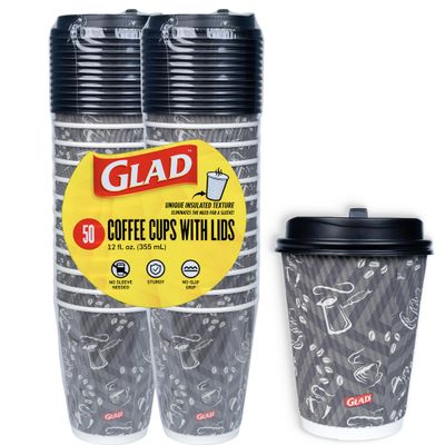 Glad Disposable Coffee Cups with Lids 12 OZ Insulated Paper Hot Cups No Sleeve Needed Textured Non-Slip Grip Fits Most Single-Serve Brewers Java Mocha Print 50 Cups and 50 Lids Disposable Drinkware