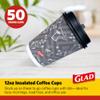 Glad Disposable Coffee Cups with Lids 12 OZ Insulated Paper Hot Cups No Sleeve Needed Textured Non-Slip Grip Fits Most Single-Serve Brewers Java Mocha Print 50 Cups and 50 Lids Disposable Drinkware view 2