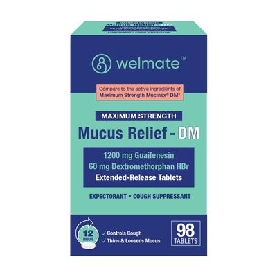 WELMATE Maximum Strength Mucus Relief DM 98 Tablets 1200mg Guaifenesin + 60mg Dextromethorphan HBr - 12-Hour Chest Congestion, Cough Suppressant - Extended-Release Bi-Layer Tablets for Adults