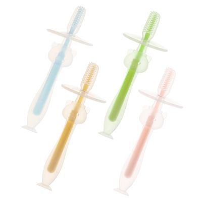 TOVINANNA 4pcs Silicone Toothbrushes with Suction Base Boy Girl Training Toothbrushes for Gentle Cleaning of Teeth Gums and Tongue Soft Bristles Ergonomic Design Pink Yellow Green Blue