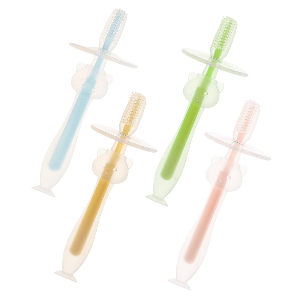 TOVINANNA 4pcs Silicone Toothbrushes with Suction Base Boy Girl Training Toothbrushes for Gentle Cleaning of Teeth Gums and Tongue Soft Bristles Ergonomic Design Pink Yellow Green Blue