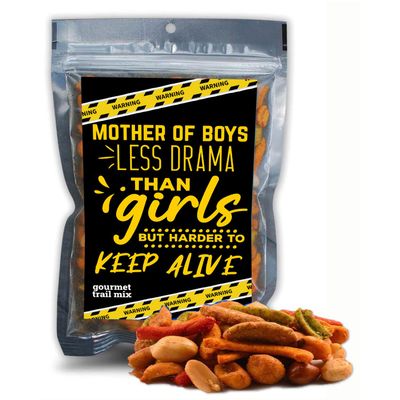 Mother of Boys Spicy Trail Mix Mom Humor Gourmet Gifts for Mothers Day Travel Snacks for Busy Families Motherhood Sriracha Guacamole Bites Uncle Franks