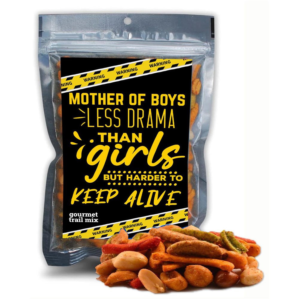 Mother of Boys Spicy Trail Mix Mom Humor Gourmet Gifts for Mothers Day Travel Snacks for Busy Families Motherhood Sriracha Guacamole Bites Uncle Franks