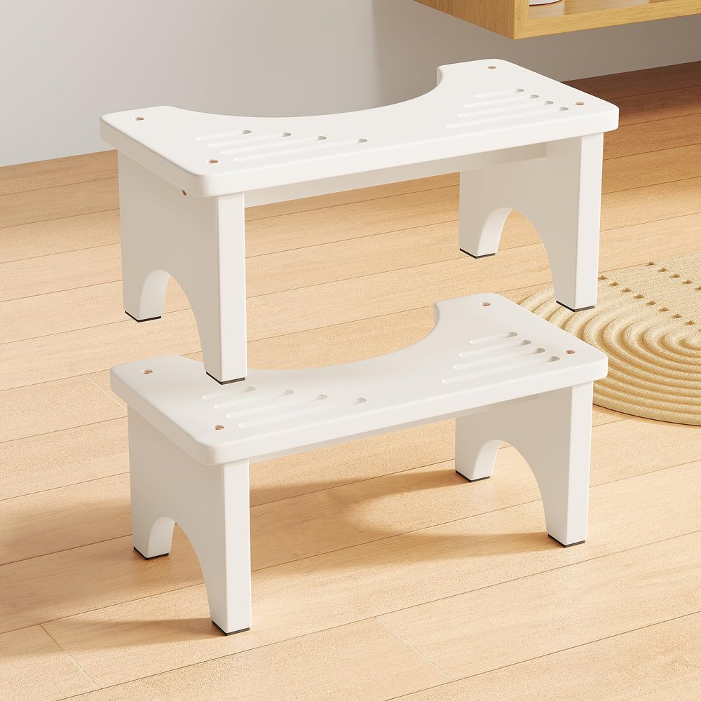 Uaniar 2 Pack White Toilet Stool Squat Adult - 6.7" Non-Slip Bathroom Poop Stool, Bamboo Wood Squatting Potty Stools for Adults with Space-Saving Curved Base, Pooping Toilet Foot Step