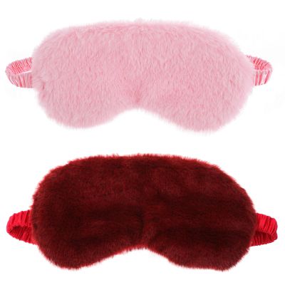 2 Pcs Plush Eye Mask Soft Sleeping Blindfold Eye Cover Comfortable Furry Faux Fur Sleeping Mask Satin Nap Night Eyeshade Cover for Women Men Gift (Pink, Red)
