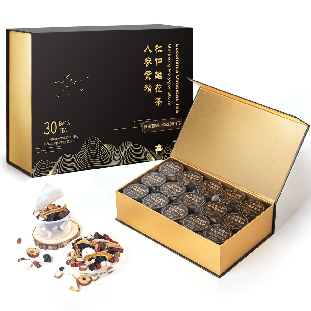 Tea Gift Set - Ginseng Polygonatum Eucommia Male Flower Tea, Travel Edition Gift Box for Men Women, No Additives, Caffeine Free, 19 Precious Natural Herbal Ingredients30 Cans/1 Box)