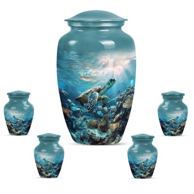 KARYLIZ Turtle Urns for Ashes - Urn for Ashes for Women - Set of 5, 10 Inch & 3 Inch - Cremation Urn for Human Ashes - Turtle in Coral Reef Memorial Funeral for Human Ashes Adult Female & Male