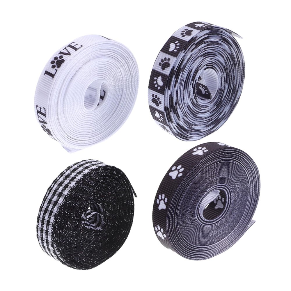 WRITWAA 4rolls Pet Paw Print Ribbon Black White Wrapping Supplies for Dog Lover Party Decorations