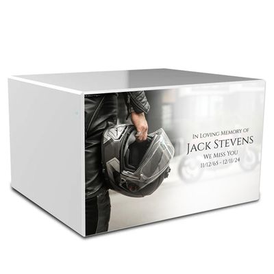 GetUrns Heritage Adult White Cremation Urn Box for Human Ashes I Biker Helmet Custom Printing Wooden Urns for Male and Female I 213lbs
