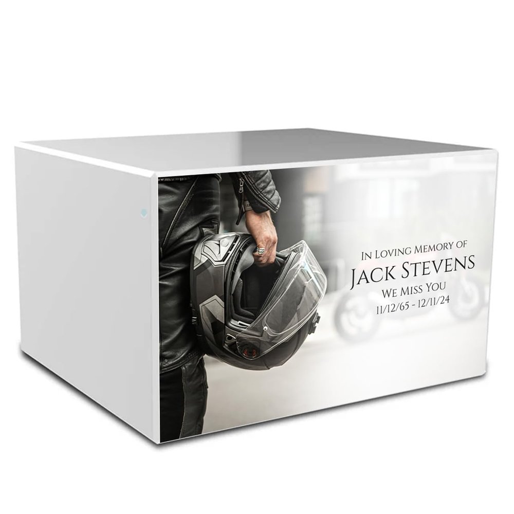 GetUrns Heritage Adult White Cremation Urn Box for Human Ashes I Biker Helmet Custom Printing Wooden Urns for Male and Female I 213lbs