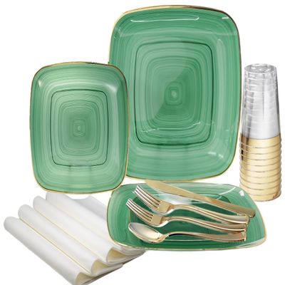 " OCCASIONS " 640pcs set (80 Guests)-Wedding Party Disposable Plastic Plate Set -80 x 10'' + 80 x 7'' + Silverware + Cups + Napkins (Belize Square in Green & Gold)