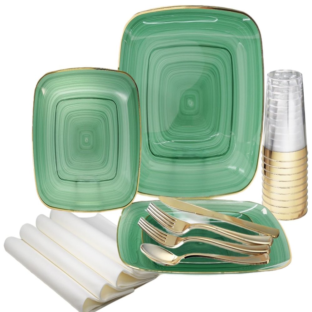 " OCCASIONS " 640pcs set (80 Guests)-Wedding Party Disposable Plastic Plate Set -80 x 10'' + 80 x 7'' + Silverware + Cups + Napkins (Belize Square in Green & Gold)