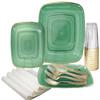 " OCCASIONS " 640pcs set (80 Guests)-Wedding Party Disposable Plastic Plate Set -80 x 10'' + 80 x 7'' + Silverware + Cups + Napkins (Belize Square in Green & Gold) view 1