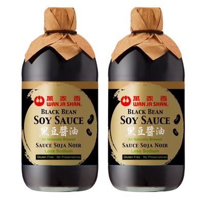 Wan Ja Shan Black Bean Soy Sauce Made with Premium Black Beans, All Naturally Brewed, Less Sodium, Gluten Free, No Preservatives, Great for All Kinds Cooking , Stir-fry, Dipping, Roasting, Marinating, Stewing and more. 15oz Pack of 2