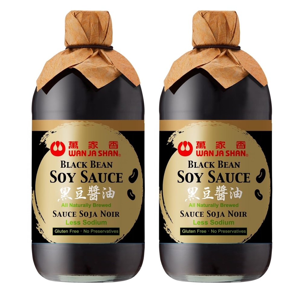 Wan Ja Shan Black Bean Soy Sauce Made with Premium Black Beans, All Naturally Brewed, Less Sodium, Gluten Free, No Preservatives, Great for All Kinds Cooking , Stir-fry, Dipping, Roasting, Marinating, Stewing and more. 15oz Pack of 2