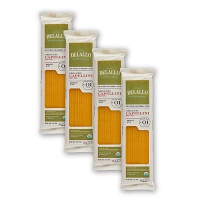 DeLallo Organic Capellini Pasta, Made with Only 100% Semolina Durum Wheat Flour, Bronze Cut, Made in Italy, Non-GMO, Kosher, Vegan, Preservative Free, 1 Pound Bag, (4 Pack)