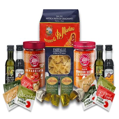 Imported Italian Dinner for Two Meal Kit - Sun-Dried Tomato Pesto, Spicy Arrabbiata Pesto, Pasta, Seasonings and Sweets Gift Box