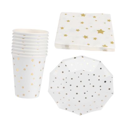 Healeved Paper Plates Napkins Cups Set Party Tableware Kit Gold Stars for Birthday Celebration