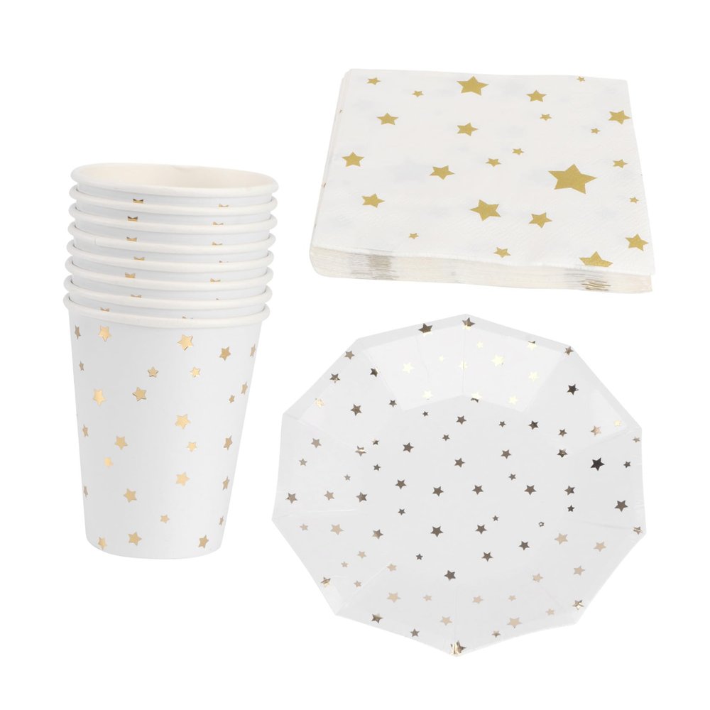 Healeved Paper Plates Napkins Cups Set Party Tableware Kit Gold Stars for Birthday Celebration