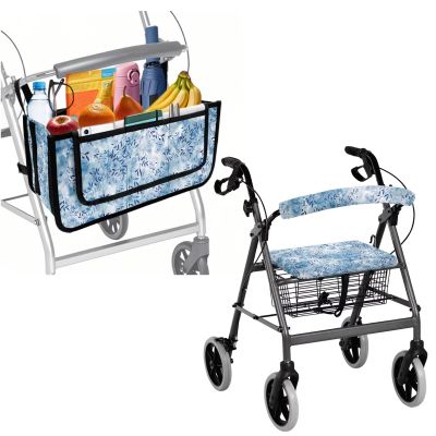 LVEWYB Blue Leaves 3Pcs Rollator Walker Basket Bag and Seat Backrest Cover Set for Seniors Comfort Walker Rollator for Storage Comfortable Walking for Ladies