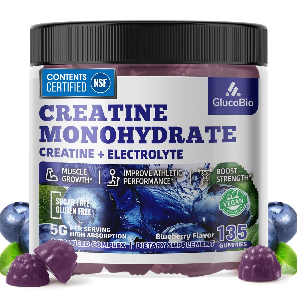 GlucoBio Creatine Monohydrate Gummies (5g) Pre-Workout Energy & Muscle Growth Support for Men & Women | Blueberry Electrolyte Gummies (135 Count)