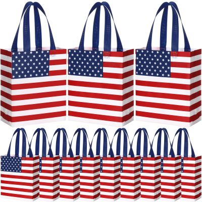 Supervitae 24 Pack American Flag Gift Bags 4th of July Patriotic Party Favors Stars and Stripes Reusable Totes Non Woven Candy Totes for Independence Day Birthday Party Supplies(9.8" x 7.9" x 3.9")
