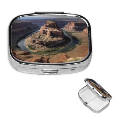 Small Pill Case 2 Compartments, Grand Canyon Arizona Pill Box Daily Metal Portable Pill Organizer for Pocket Purse Travel Pillbox with Mirror Square Medicine Vitamin Holder Unique Gift
