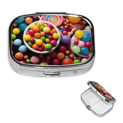 Small Pill Case 2 Compartments, Colour Candy Pill Box Daily Metal Portable Pill Organizer for Pocket Purse Travel Pillbox with Mirror Square Medicine Vitamin Holder Unique Gift