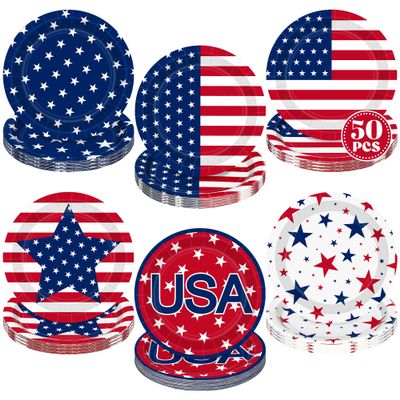 50 Pcs 250th anniversary 4th of July Party Supplies, Disposable 9 Inch American Flag Patriotic Plates, Memorial Day Paper Plates Red White Blue Independence Day Tableware for Fourth of July Decor