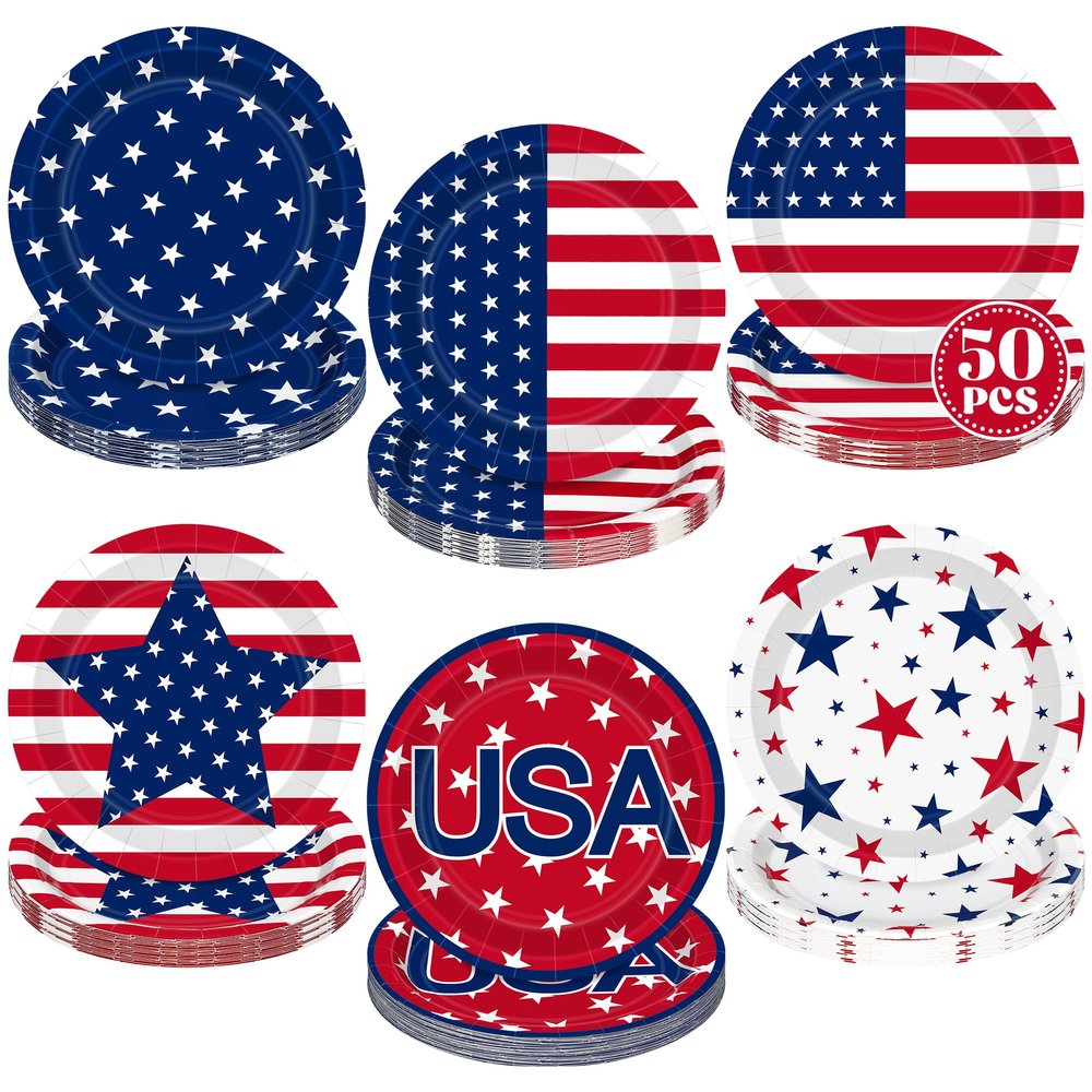 50 Pcs 250th anniversary 4th of July Party Supplies, Disposable 9 Inch American Flag Patriotic Plates, Memorial Day Paper Plates Red White Blue Independence Day Tableware for Fourth of July Decor