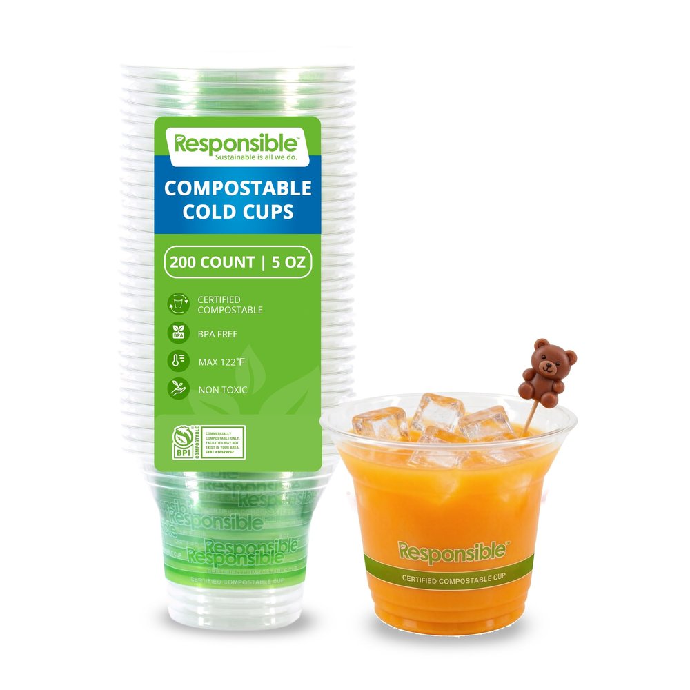 Responsible Products Clear Cold Cup, Certified Compostable and Made from 100% American Biobased Materials, No-PFAS Added & BPA-Free (5 oz Cups (200 Count))