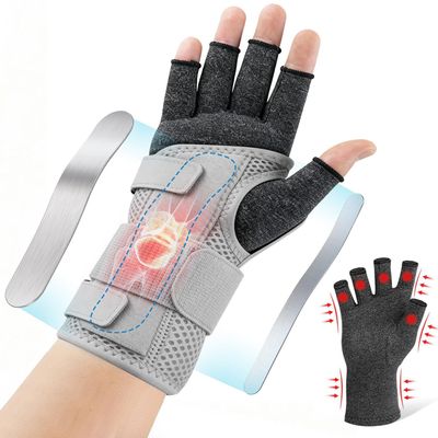 Big Mango Compression Arthritis Gloves with Wrist Brace Set, Hand Compression Glove for Women, Carpal Tunnel Gloves Brace for Men Night Support, Pain Relief Rheumatoid, Work, Typing, Grey, Right, M