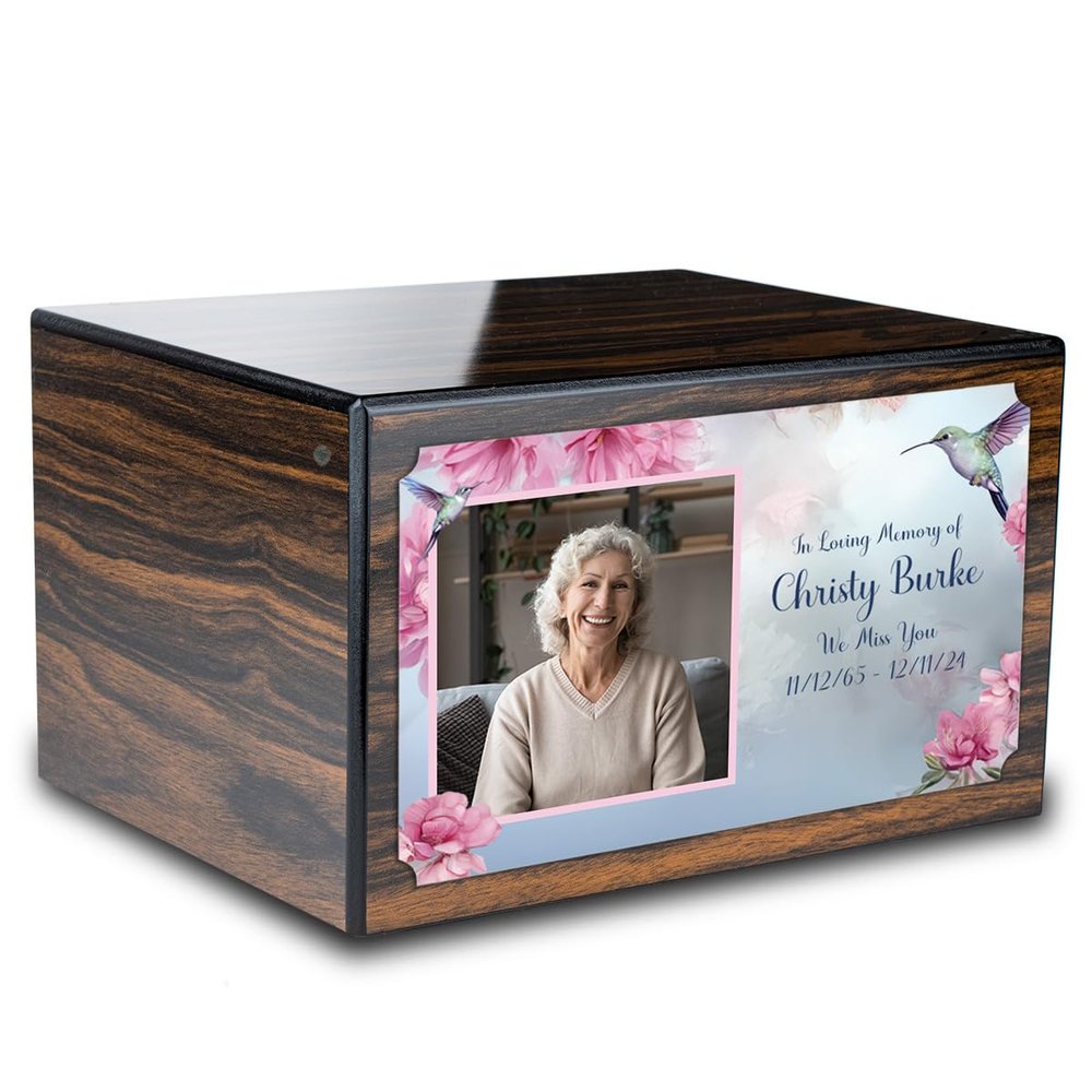GetUrns Heritage Adult Photo Hummingbird Cremation Urn for Human Ashes I Espresso Wood Funeral Urns for Male and Female I 213lbs