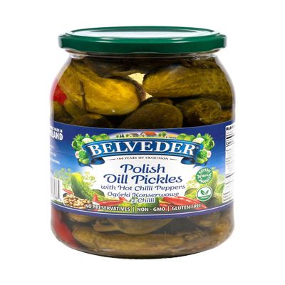 Belveder Polish Dill Pickles 31.74 oz, Vegan, Non-GMO, Gluten-Free (Polish Dill Pickles with Hot Chilli Peppers)