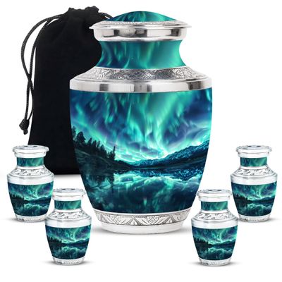 Jagasy Aurora Large Urns for Human Ashes Adult Parents - Cremation Small Urns for Home Decor - Keepsake for Human Ashes - 1 Large & 4 Small