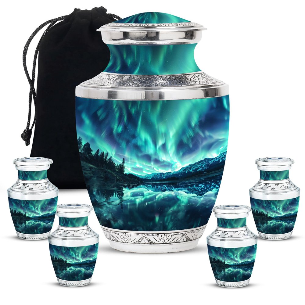 Jagasy Aurora Large Urns for Human Ashes Adult Parents - Cremation Small Urns for Home Decor - Keepsake for Human Ashes - 1 Large & 4 Small