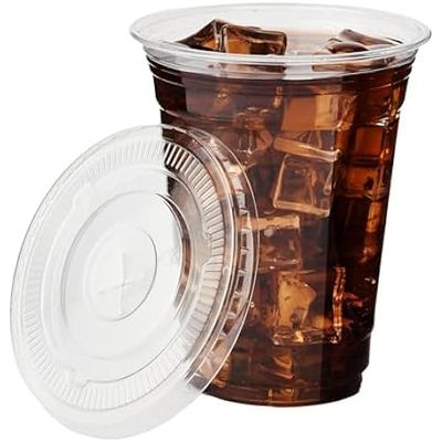 100-Pack of 16 oz Clear Plastic Cups with Flat Lids Crystal Clear Disposable Drink Cups