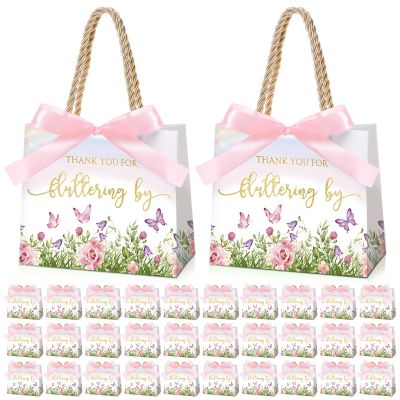 Kolldenn 25 Pcs Butterfly Gift Bags Bulk 5.5 x 2.4 x 4.7 Inches Butterfly Party Favors Bags with Handles and Pink Ribbon Bow for Wedding Birthday Baby Shower Bridal Shower Party Favors