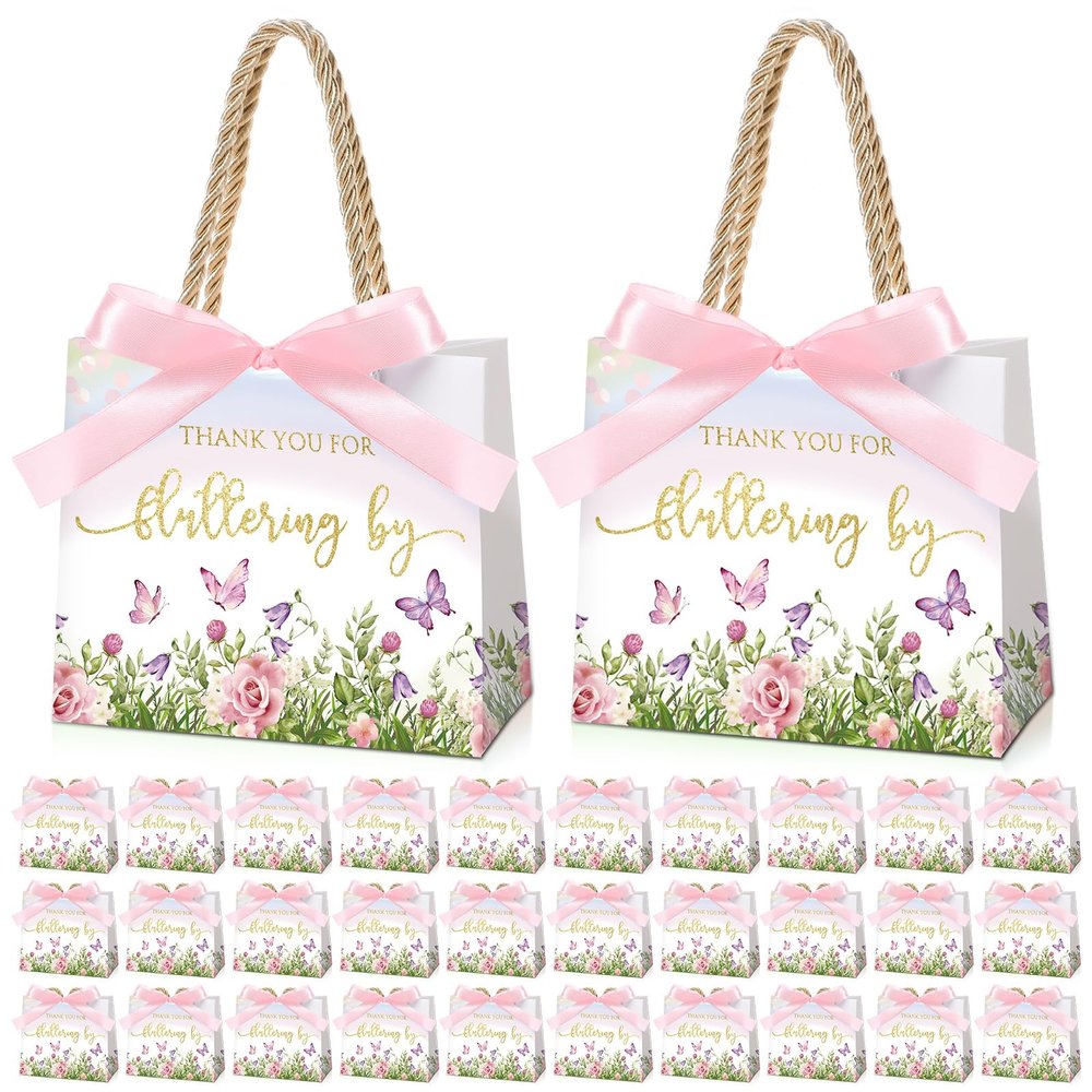 Kolldenn 25 Pcs Butterfly Gift Bags Bulk 5.5 x 2.4 x 4.7 Inches Butterfly Party Favors Bags with Handles and Pink Ribbon Bow for Wedding Birthday Baby Shower Bridal Shower Party Favors