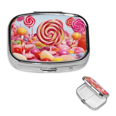 Small Pill Case 2 Compartments, Sweet Candy Pill Box Daily Metal Portable Pill Organizer for Pocket Purse Travel Pillbox with Mirror Square Medicine Vitamin Holder Unique Gift