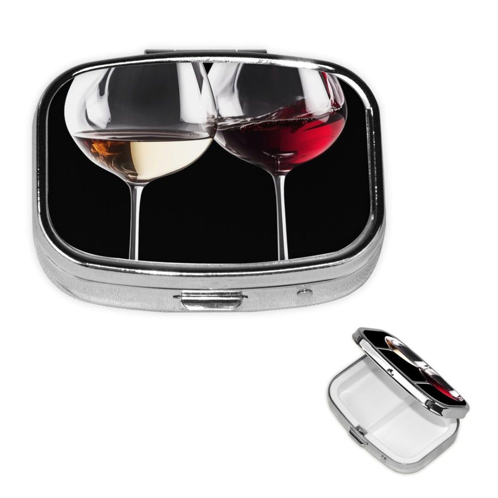 Small Pill Case 2 Compartments, Red Wine Glasses Pill Box Daily Metal Portable Pill Organizer for Pocket Purse Travel Pillbox with Mirror Square Medicine Vitamin Holder Unique Gift