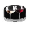 Small Pill Case 2 Compartments, Red Wine Glasses Pill Box Daily Metal Portable Pill Organizer for Pocket Purse Travel Pillbox with Mirror Square Medicine Vitamin Holder Unique Gift view 2