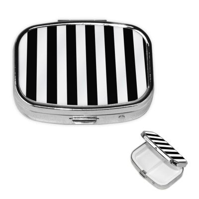 Small Pill Case 2 Compartments, Black & White Stripe Pill Box Daily Metal Portable Pill Organizer for Pocket Purse Travel Pillbox with Mirror Square Medicine Vitamin Holder Unique Gift