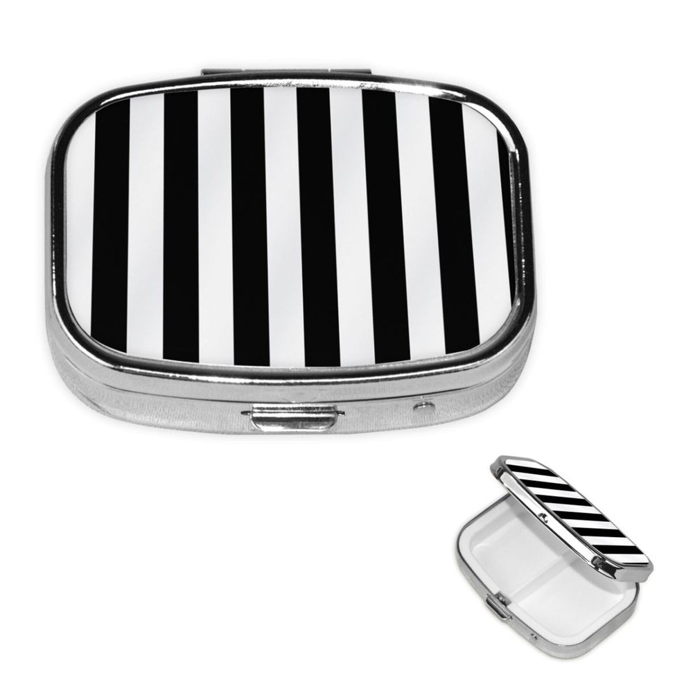 Small Pill Case 2 Compartments, Black & White Stripe Pill Box Daily Metal Portable Pill Organizer for Pocket Purse Travel Pillbox with Mirror Square Medicine Vitamin Holder Unique Gift