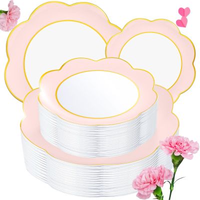 60-Pcs Pink Gold Rim Disposable Plastic Party Plates For Weddings